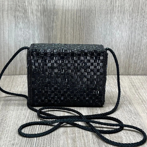 Alfred Sung Handmade Embellished Beaded Basketweave Crossbody Purse Bag Black - Picture 3 of 8